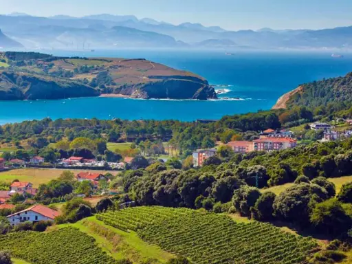 Viñedos y casas con tejados rojos se extienden hasta la costa vasca, un paisaje que evoca el sabor del chacolí de Bilbao.