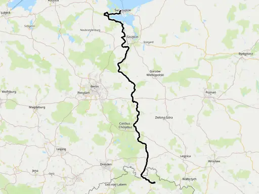 Mapa pokazuje przebieg szlaku rowerowego Odra-Nysa, łączącego Świnoujście z okolicami Wałbrzycha, przez Szczecin, Gorzów Wlkp. i Wrocław.