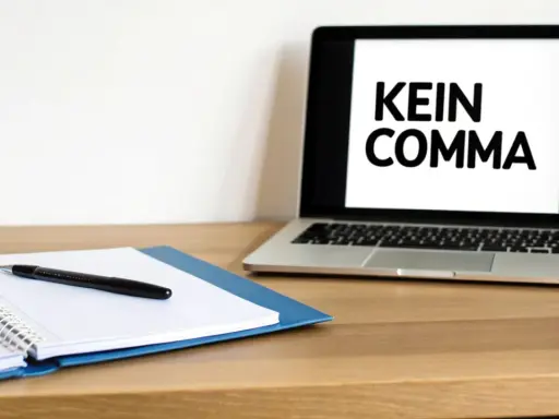 Ein Laptop zeigt "KEIN COMMA", während daneben ein Notizbuch mit Stift liegt.