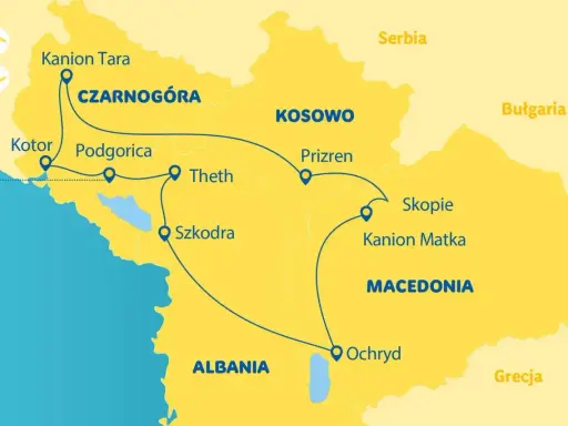 Mapa pokazuje trasę podróży przez Czarnogórę, Kosowo, Macedonię i Albanię. Gdzie jest Albania? Na mapie widać ją na południu, obok Macedonii i Grecji.