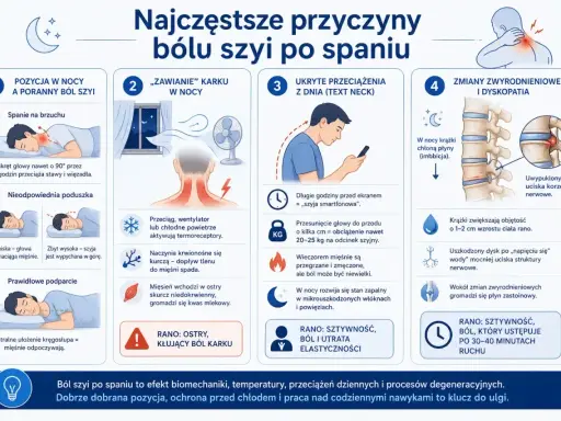 Ból szyi po spaniu: nieprawidłowa pozycja, przeciągi, „szyja smartfonowa" i zmiany zwyrodnieniowe mogą powodować kregi szyjne bola.