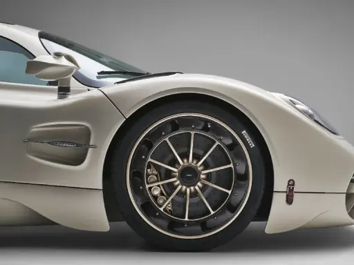 Dettaglio di un'auto sportiva color champagne, con focus sul montaggio pneumatici e cerchi in lega dorati.