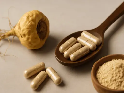Maca-Wurzel, Kapseln auf einem Holzlöffel und Maca-Pulver in einer Schale. Was ist Maca? Ein Superfood für mehr Energie.