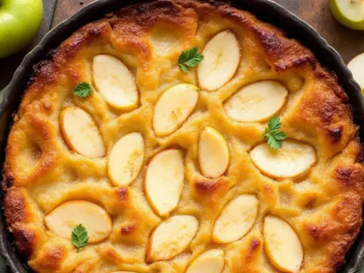 Un délicieux clafoutis aux pommes, doré et garni de fines tranches de pommes et de quelques feuilles de persil.