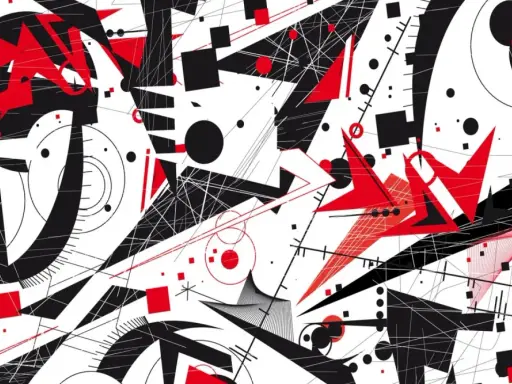 Un urlo nero, una figura retorica astratta con forme geometriche rosse e nere su sfondo bianco, evoca un'energia caotica e dinamica.