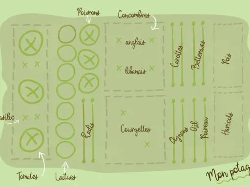 Plan potager débutant : tomates, laitues, poivrons, concombres, courgettes, carottes, betteraves, pois, oignons, ail, poireau, haricots, basilic et radis.