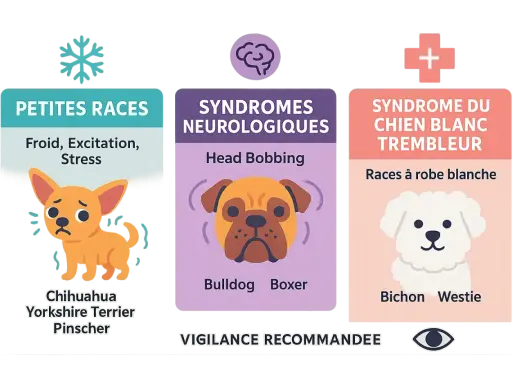 Un petit chien qui tremble, peut-être un Chihuahua, est montré à côté d'informations sur les petites races et le syndrome du chien blanc trembleur.