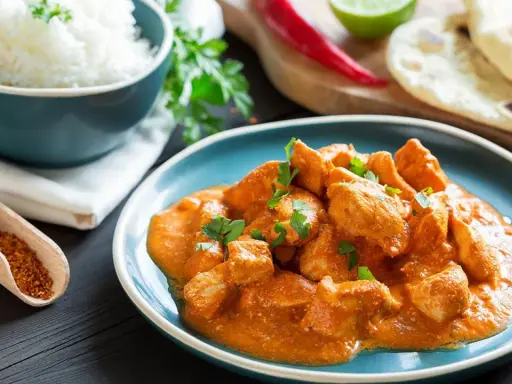 Sabroso pollo al curry cremoso servido en un plato azul, acompañado de arroz blanco, pan naan y especias.