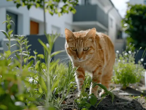 Eine orange getigerte Katze schleicht durch den Garten. Hoffentlich hinterlässt sie keinen Katzenkot im Garten.