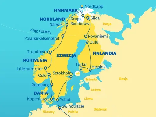 Trasa podróży przez Norwegię i Szwecję, obejmująca Nordkapp, Rovaniemi, Sztokholm i Oslo.