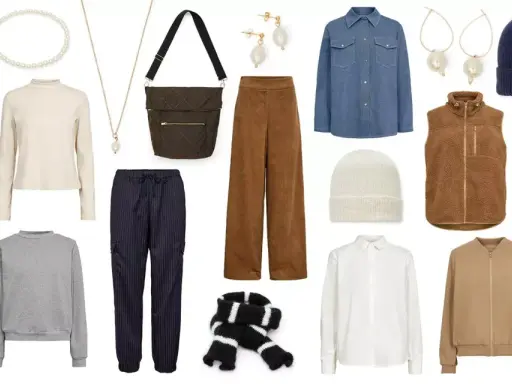 En damkapselgarderob med kläder i neutrala färger: svart klänning, beige polotröja, grå sweatshirt, bruna manchesterbyxor, randiga byxor, jeans, jeansskjorta, vit skjorta, brun fleeceväst, beige bomberjacka, mössor, halsduk, väska och smycken.