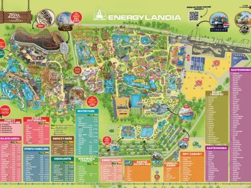 Mapa parku rozrywki Energylandia, który znajduje się w Zatorze, w województwie małopolskim.