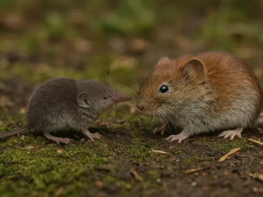 Mała szara ryjówka i ruda nornica patrzą na siebie.