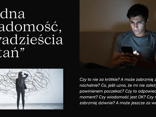 Nadmierne analizowanie, czyli overthinking co to. Młody mężczyzna zmartwiony patrzy na telefon, a kobieta zdezorientowana przed labiryntem myśli.