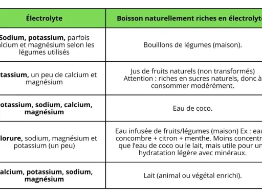 Tableau comparant les électrolytes dans diverses boissons naturelles, comme l'eau de coco ou les bouillons, pour une hydratation optimale.