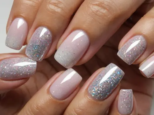 Eleganckie french paznokcie z brokatowym ombre. Delikatny róż przechodzi w srebrzysty blask, tworząc efektowny manicure.