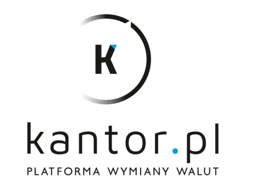 Logo kantor.pl, platformy wymiany walut. Litera K w okręgu, poniżej nazwa strony i hasło.