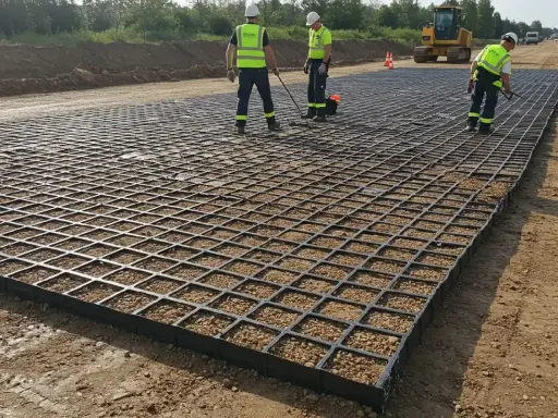Trabajadores instalan una geomalla de refuerzo sobre grava para estabilizar el terreno en una obra.