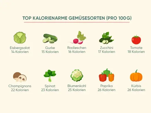 Gemüse-Tabelle: Eisbergsalat, Gurke, Radieschen, Zucchini, Tomate, Champignons, Spinat, Blumenkohl, Paprika, Kürbis. Ideal, um Kalorien zu sparen!