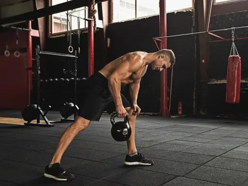Mężczyzna wykonuje trening funkcjonalny ćwiczenia z kettlebell w siłowni.