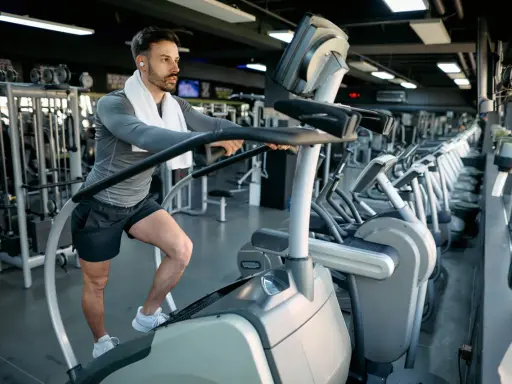Mann macht ein Stairmaster Workout im Fitnessstudio.