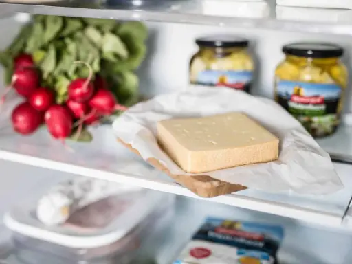 Ein Stück Käse liegt auf einem Holzbrett, daneben Radieschen und Gläser mit eingelegtem Gemüse. Verschiedene Käse sorten im Kühlschrank.