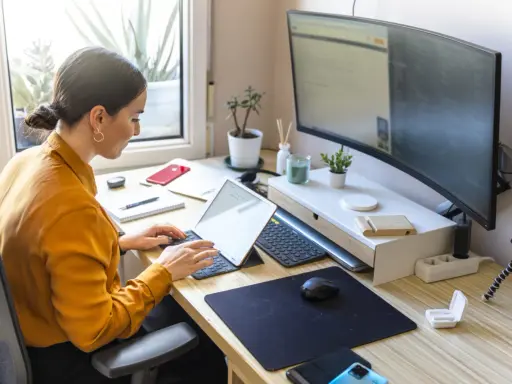Mujer trabajando en un escritorio ordenado, con portátil, monitor curvo y plantas. Un ejemplo de como organizar tu escritorio para ser productivo.
