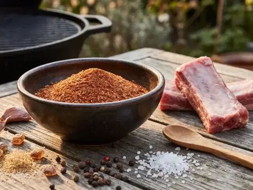 Zutaten für ein köstliches BBQ Rub Rezept: Rippchen, Gewürzmischung in einer Schale, Knoblauch, Zucker, Salz und Pfefferkörner auf einem Holztisch.
