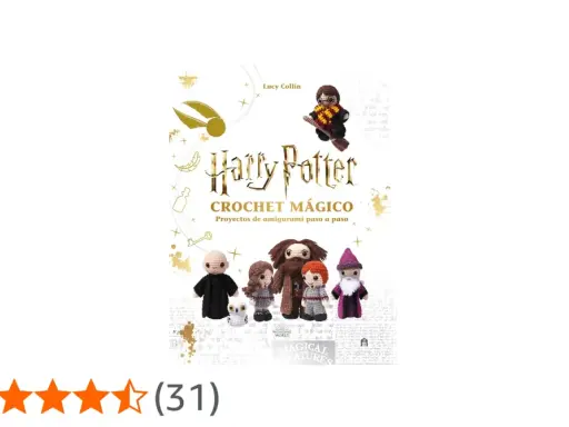 Libro "Harry Potter Crochet Mágico" con amigurumis de personajes como Hagrid, Harry y Dumbledore.