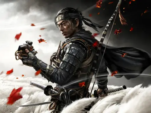Samuraj z gry Ghost of Tsushima trzyma maskę, otoczony przez spadające liście i wysokie trawy.
