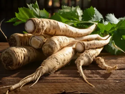 Frische Petersilienwurzeln auf Holz. Ist Meerrettich gesund? Ja, diese Wurzeln sind voller Vitamine und gut für dich!