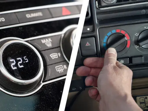 Panel de control de un coche mostrando la diferencia entre climatizador y aire acondicionado. Uno muestra 22.5°C, el otro una mano ajustando la temperatura.