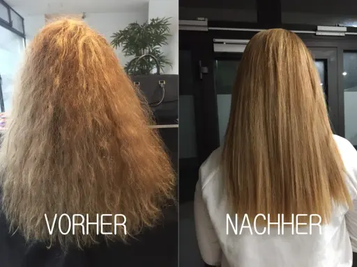 Vorher: krauses, trockenes Haar. Nachher: glattes, gesund aussehendes Haar dank Keratin-Glättung.