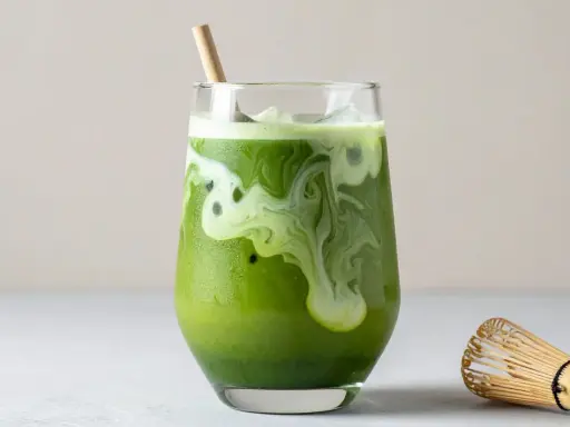 Grönt matcha te med mjölk och is i ett glas, med en bambuvisp bredvid. Tänk på eventuella matcha te biverkningar innan du dricker.