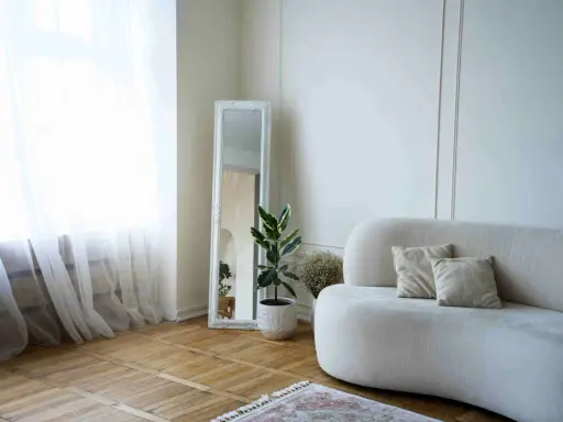 Elegante decoracion salon pequeño con sofá curvo, espejo antiguo y planta.