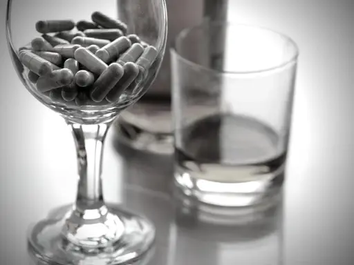 Kapsułki w kieliszku, obok szklanki z płynem. Czy niektóre leki zawierają alkohol etylowy?