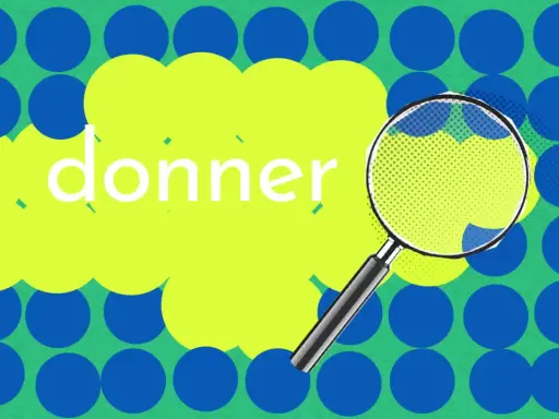 Loupe sur le mot "donner", cherchant un synonyme. Fond vert avec des ronds bleus et un nuage jaune.