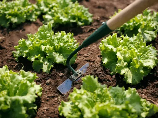 A hoe, one of the essential garden implements, is used to tend to rows of fresh green lettuce growing in dark soil.