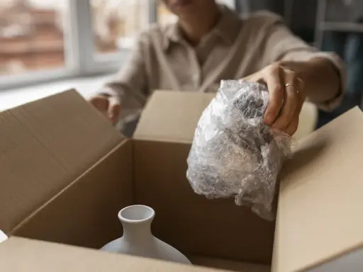 Otwieranie paczki od Hermes Niemcy. Delikatna waza w folii bąbelkowej czeka na wyjęcie z kartonu.