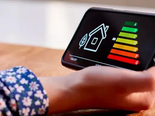 Écran de smartphone affichant une maison et un barème d'efficacité énergétique. La question "une clim consomme plus en chaud ou froid" est implicite.