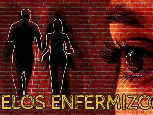 Siluetas de pareja tomadas de la mano, con un ojo vigilante y el texto "CELOS ENFERMIZOS". Sugiere la necesidad de terapia para los celos.