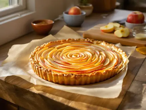 Délicieuse tarte aux pommes en spirale sur une pâte feuilletée dorée, prête à être dégustée.