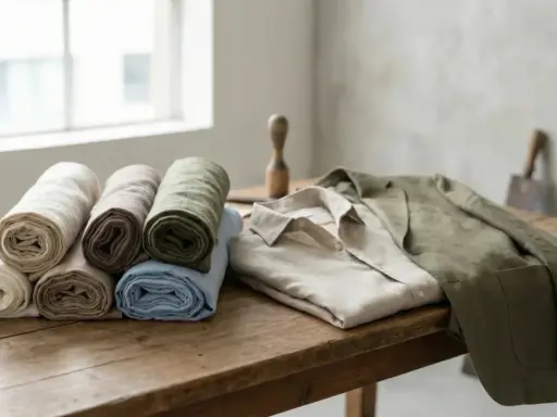 Rolled linen fabrics in natural tones and a linen shirt and jacket, showcasing the beautiful linen source.
