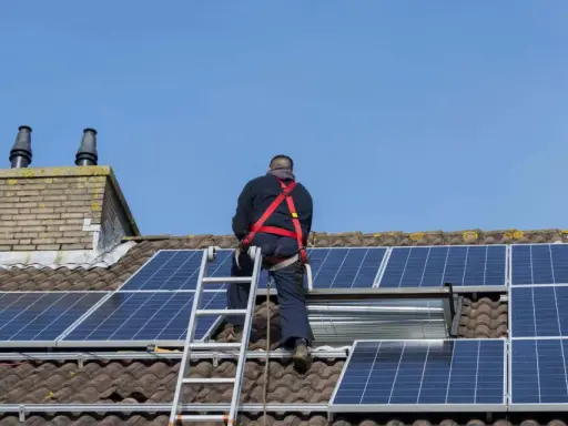 Un homme en harnais installe des panneaux solaires sur un toit. Un projet de panneau solaire installer soi-même en cours.