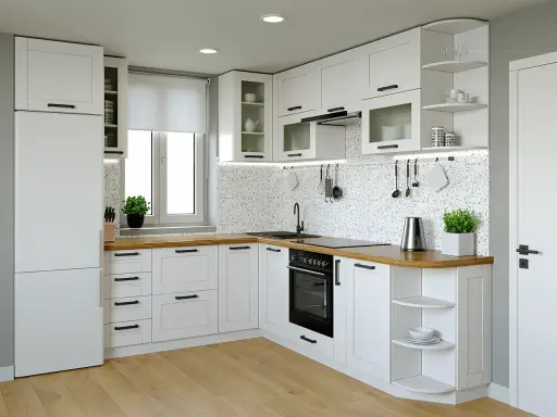 Nowoczesna kuchnia biało czarna z drewnianym blatem i kamiennym backsplash. Wygodne szafki i funkcjonalny sprzęt AGD.