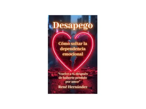 Portada de libro "Desapego: Cómo soltar la dependencia emocional". Un corazón roto iluminado por neón simboliza el camino hacia el desapego emocional.