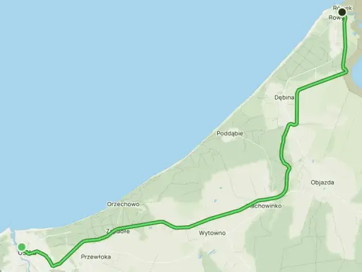 Mapa szlaku zwiniętych torów od Ustki przez Półwysep Helski do Rowów, wzdłuż wybrzeża Bałtyku i jeziora Gardno.