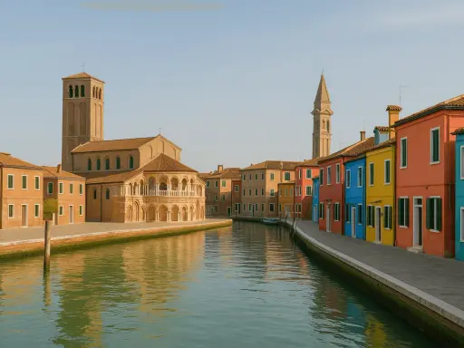 Canal bordé de maisons colorées sur l'île de Burano, avec une église et son clocher en arrière-plan.