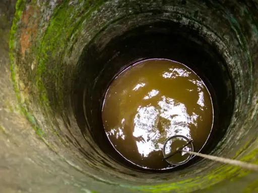 Puits profond avec eau trouble, une corde et un seau pour aider à éliminer le fer dans l'eau de forage.