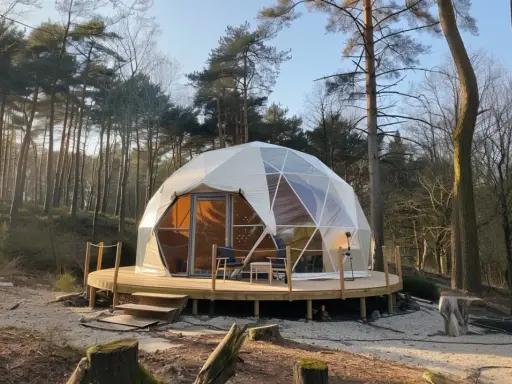 Domek w lesie, idealny na glamping. To połączenie luksusu i natury, gdzie możesz odpocząć w komfortowych warunkach.